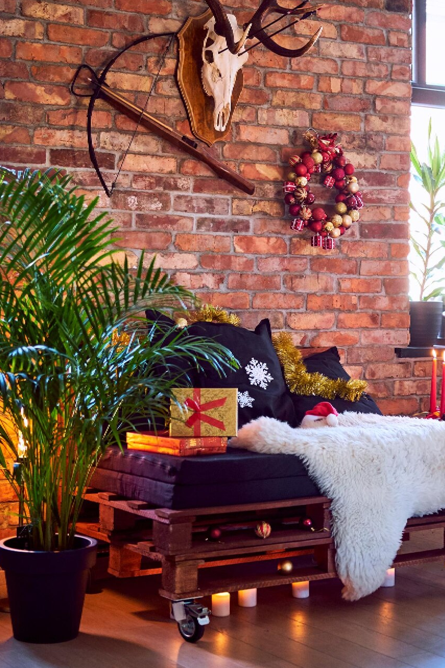 Loft interior room with christmas decoration.<br />